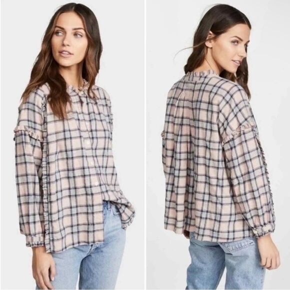 The GREAT Pink and Blue Plaid Ruffle Lightweight Button Up Shirt Size 3/Large - Picture 1 of 7